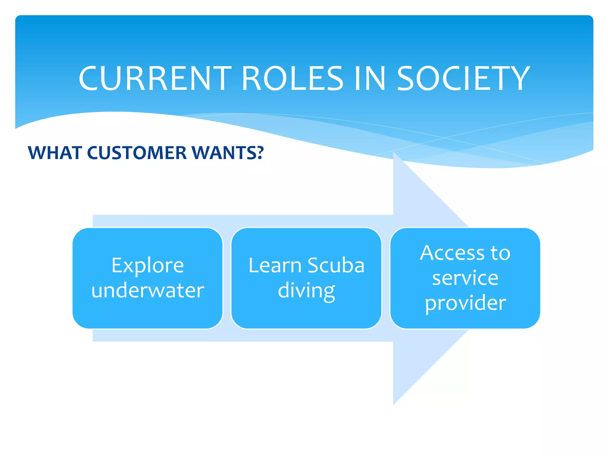 WHAT CUSTOMER WANTS?
CURRENT ROLES IN SOCIETY
Explore
underwater
Learn Scuba
diving
Access to
service
provider
 