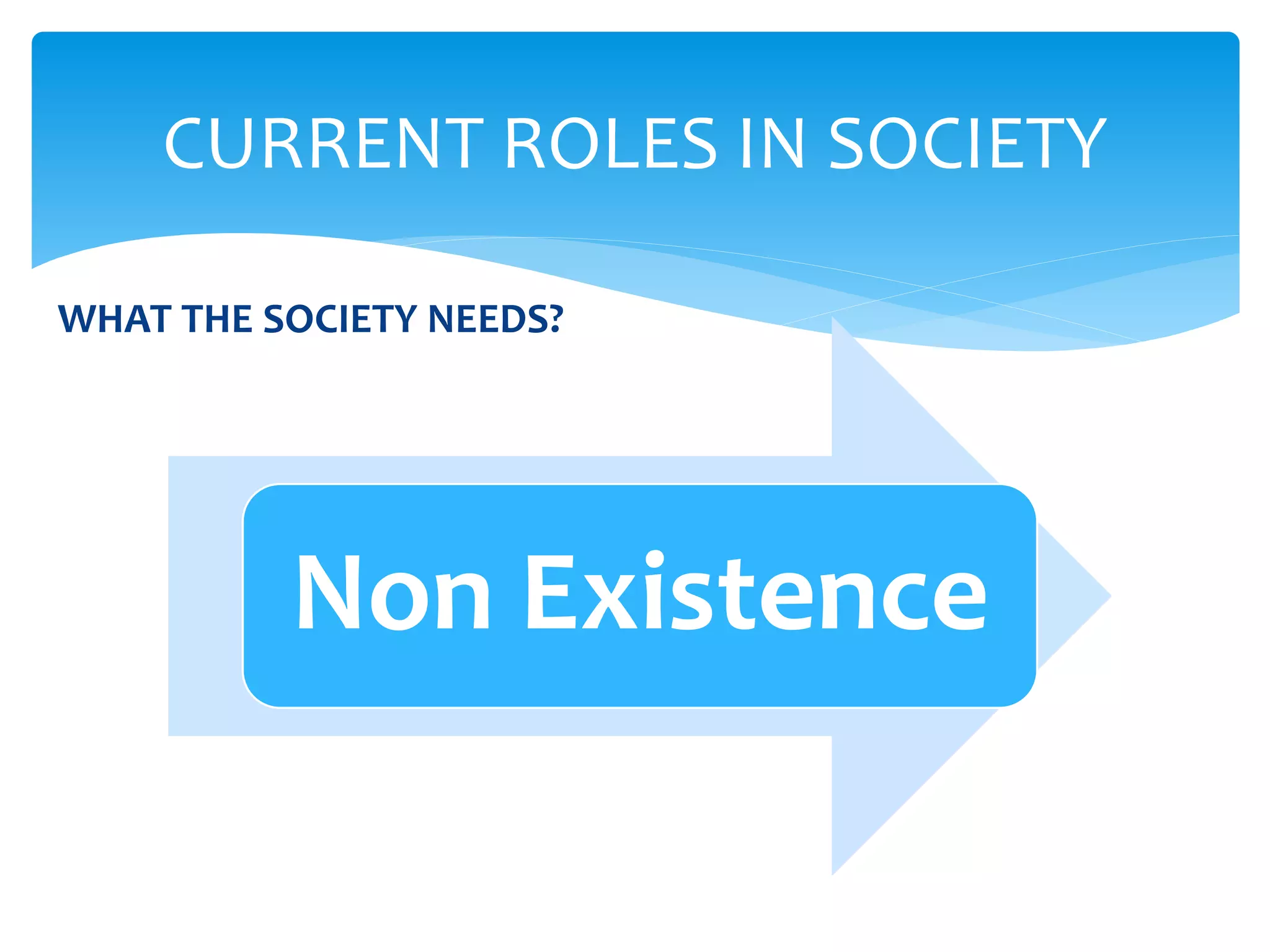 WHAT THE SOCIETY NEEDS?
CURRENT ROLES IN SOCIETY
Non Existence
 