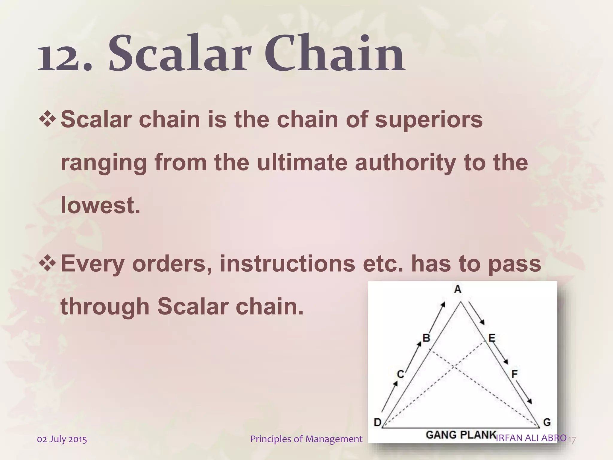 12. Scalar Chain
Scalar chain is the chain of superiors
ranging from the ultimate authority to the
lowest.
Every orders, instructions etc. has to pass
through Scalar chain.
1702 July 2015 Principles of Management IRFAN ALI ABRO
 