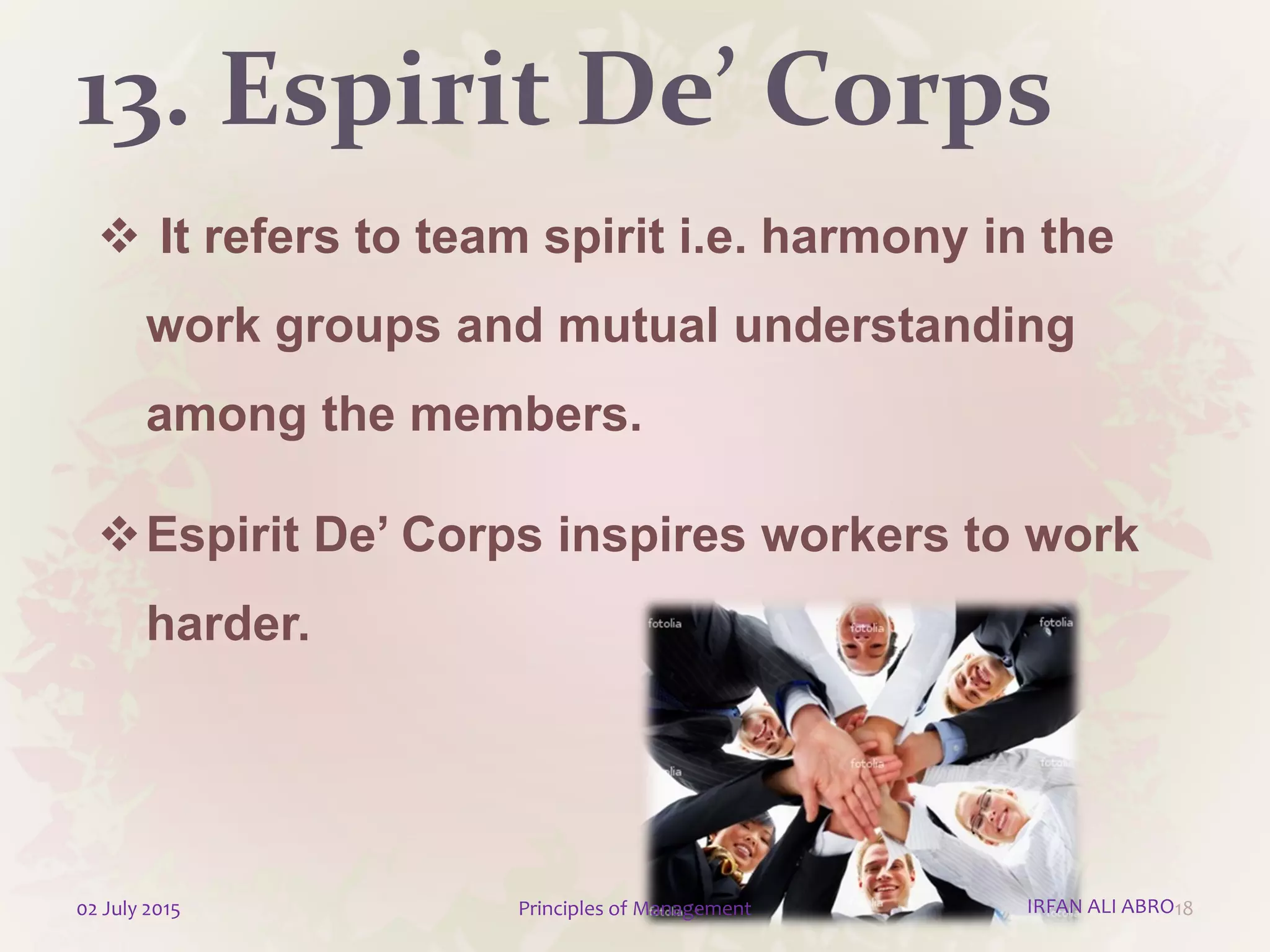 13. Espirit De’ Corps
 It refers to team spirit i.e. harmony in the
work groups and mutual understanding
among the members.
Espirit De’ Corps inspires workers to work
harder.
1802 July 2015 Principles of Management IRFAN ALI ABRO
 