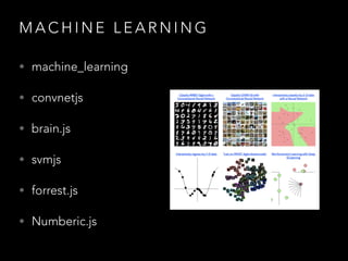 M A C H I N E L E A R N I N G
• machine_learning
• convnetjs
• brain.js
• svmjs
• forrest.js
• Numberic.js
 