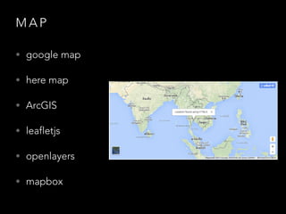 M A P
• google map
• here map
• ArcGIS
• leafletjs
• openlayers
• mapbox
 