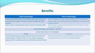 Benefits
Old technology New technology
Wood, contaminated paper and cardboard waste tires are burned
to produce heat energy. In the warm season is problematic heat
recovery
Wood, cardboard and paper waste and used tires are recycled into
products that can be implemented advantageously in any season, has
a longer shelf life.
Plastic waste is compacted and sold at a price not exceeding $ 200. Plastic waste is processed into components of motor fuels at a price
not less than $ 600-700.
Cost of processing 1 ton of waste - the same
Income derived from 1 ton of garbage
$10-30 $110-150
The incineration process requires high cost because it needs the
cleaning devices and filters. Filters, in turn, require subsequent
disposal, which is problematic because of the high content of dioxin
Emissions and wastes do not contain harmful substances , or
substantially below the maximum allowable standards
 