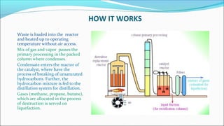 HOW IT WORKS
Waste is loaded into the reactor
and heated up to operating
temperature without air access.
Mix of gas and vapor passes the
primary processing in the packed
column where condenses.
Condensate enters the reactor of
the catalyst, where have the
process of breaking of unsaturated
hydrocarbons. Further, the
hydrocarbon mixture is fed to the
distillation system for distillation.
Gases (methane, propane, butane),
which are allocated in the process
of destruction is served on
liquefaction.
 