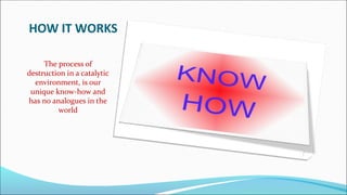 HOW IT WORKS
The process of
destruction in a catalytic
environment, is our
unique know-how and
has no analogues in the
world
 