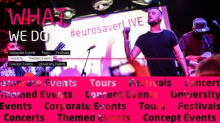 Working with over 150 customers in the event space it became quickly apparent
to us that there was a real demand for an organisation that could bring events to
the market place in a truly transparent way.
Paul Fadden
Launched in 2013 by the founders of Ticketsolve and T.H.E Agency. We rec-
ognised that both brands and audiences were craving new and innovative
ways to connect. The founders saw an opportunity to create an event man-
agement company with genuine transparency and a dedication to creativity.
“
Paul Fadden Sean Hanly Shea McNelis
HOW
WE STARTED
 