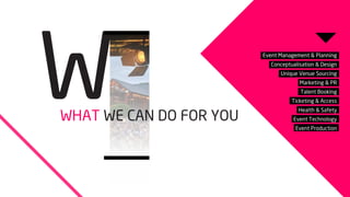 EXPERIENCE WE HAVE
PLENTY OF IT
Corporate Events
Christmas Party
Summer Bbq
Brand Activations
Product Launch Events
Team Building Events
Festivals
Aesthetics & Design
Talent Booking
Event Management Plan
Licensing
Site Management
Production
Health & Safety
Security
Theme & Concept Events
Creative Design
Conceptualization
Room Dress
Entertainment Booking
Experiential Events
Promotions
Staffing
Venues & Tours
Aesthetics & Design
Talent Booking
Venue Management
Production
Ticketing
Marketing & PR
Licensing
University Events
Fashion Show
Society Awards
Balls
Graduations
Fundraising
Sporting
Risk Assessment (50-2,500)
 