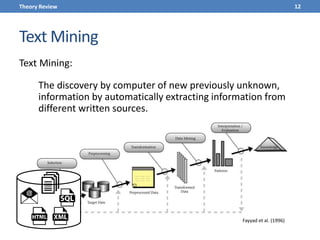 Text Mining
Text Mining:
The discovery by computer of new previously unknown,
information by automatically extracting information from
different written sources.
Fayyad et al. (1996)
12Theory Review
 