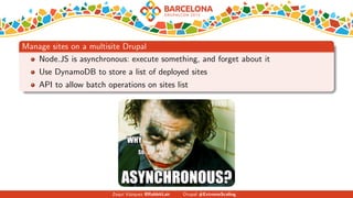 Manage sites on a multisite Drupal
Node.JS is asynchronous: execute something, and forget about it
Use DynamoDB to store a list of deployed sites
API to allow batch operations on sites list
Zequi V´azquez @RabbitLair Drupal #ExtremeScaling
 
