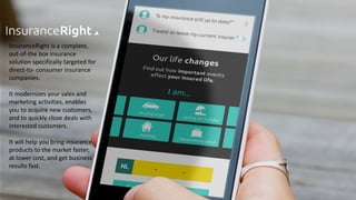 InsuranceRight is a complete,
out-of-the box insurance
solution specifically targeted for
direct-to- consumer insurance
companies.
It modernizes your sales and
marketing activities, enables
you to acquire new customers,
and to quickly close deals with
interested customers.
It will help you bring insurance
products to the market faster,
at lower cost, and get business
results fast.
 