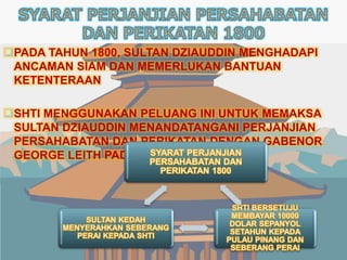 PADA TAHUN 1800, SULTAN DZIAUDDIN MENGHADAPI
ANCAMAN SIAM DAN MEMERLUKAN BANTUAN
KETENTERAAN
SHTI MENGGUNAKAN PELUANG INI UNTUK MEMAKSA
SULTAN DZIAUDDIN MENANDATANGANI PERJANJIAN
PERSAHABATAN DAN PERIKATAN DENGAN GABENOR
GEORGE LEITH PADA BULAN JUN,1800
 