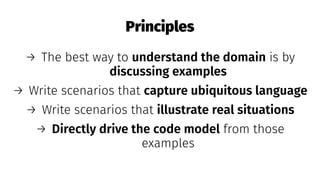 Principles
→ The best way to understand the domain is by
discussing examples
→ Write scenarios that capture ubiquitous language
→ Write scenarios that illustrate real situations
→ Directly drive the code model from those
examples
 