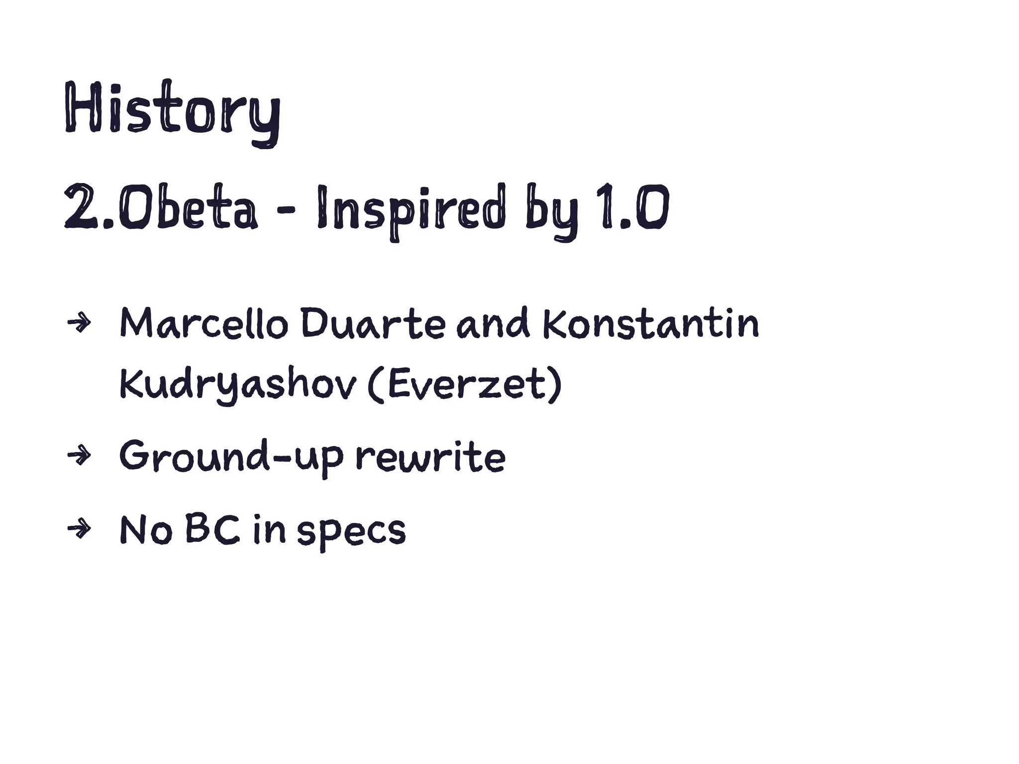 History
2.0beta - Inspired by 1.0
4 Marcello Duarte and Konstantin
Kudryashov (Everzet)
4 Ground-up rewrite
4 No BC in specs
 