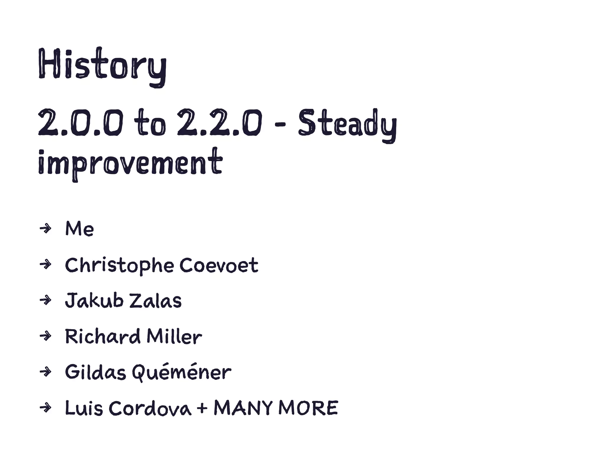 History
2.0.0 to 2.2.0 - Steady
improvement
4 Me
4 Christophe Coevoet
4 Jakub Zalas
4 Richard Miller
4 Gildas Quéméner
4 Luis Cordova + MANY MORE
 