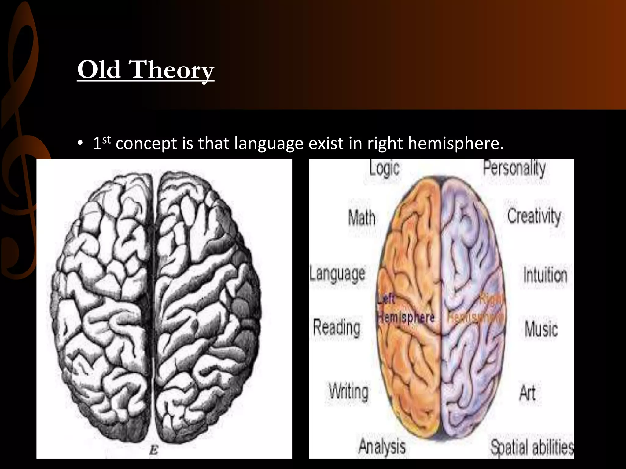 Old Theory
• 1st concept is that language exist in right hemisphere.
 