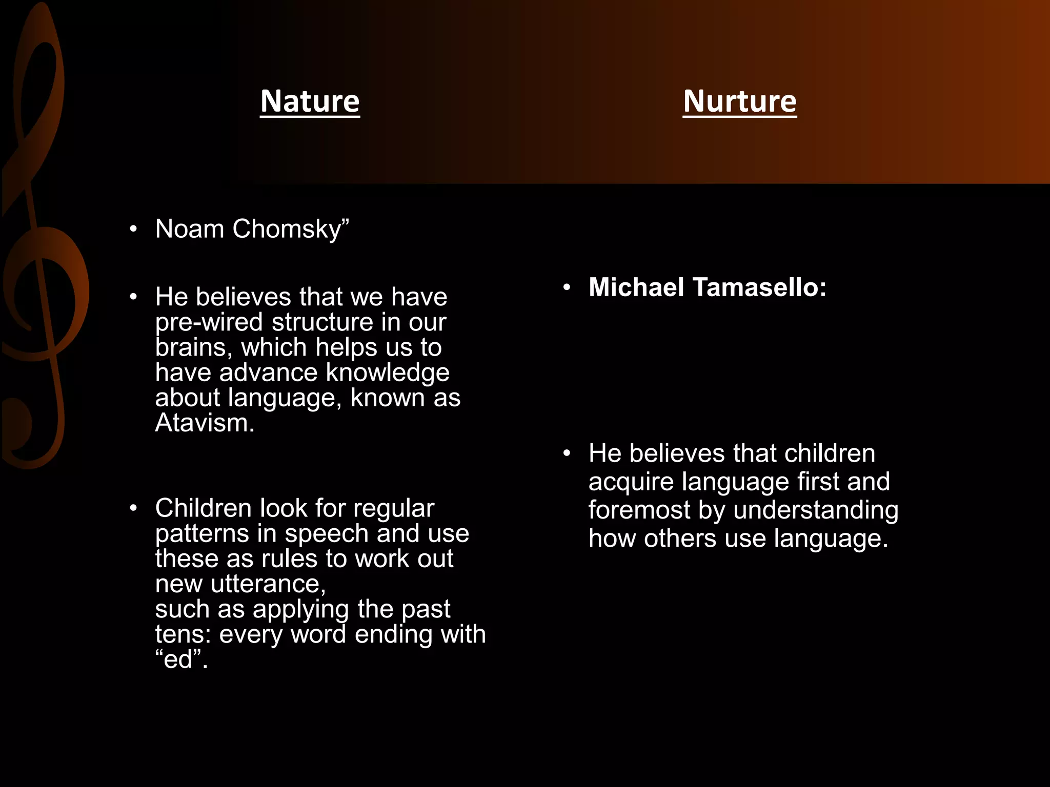 Nature Nurture
• Michael Tamasello:
• He believes that children
acquire language first and
foremost by understanding
how others use language.
• Noam Chomsky”
• He believes that we have
pre-wired structure in our
brains, which helps us to
have advance knowledge
about language, known as
Atavism.
• Children look for regular
patterns in speech and use
these as rules to work out
new utterance,
such as applying the past
tens: every word ending with
“ed”.
 