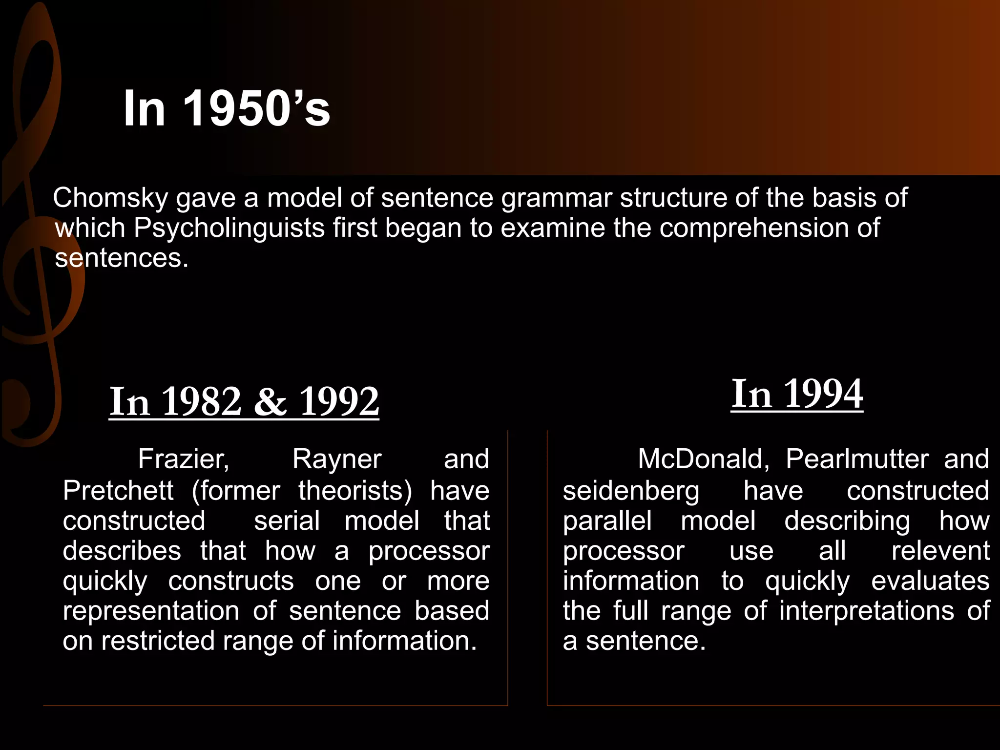In 1950’s
Chomsky gave a model of sentence grammar structure of the basis of
which Psycholinguists first began to examine the comprehension of
sentences.
In 1982 & 1992
Frazier, Rayner and
Pretchett (former theorists) have
constructed serial model that
describes that how a processor
quickly constructs one or more
representation of sentence based
on restricted range of information.
In 1994
McDonald, Pearlmutter and
seidenberg have constructed
parallel model describing how
processor use all relevent
information to quickly evaluates
the full range of interpretations of
a sentence.
 