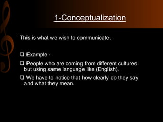 1-Conceptualization
This is what we wish to communicate.
 Example:-
 People who are coming from different cultures
but using same language like (English).
 We have to notice that how clearly do they say
and what they mean.
 