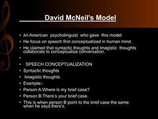 David McNeil's Model
• An American psycholinguist who gave this model.
• He focus on speech first conceptualized in human mind.
• He claimed that syntactic thoughts and imagistic thoughts
collaborate to conceptualize conversation.
•
• SPEECH CONCEPTUALIZATION
• Syntactic thoughts
• Imagistic thoughts
• Example:-
• Person A:Where is my brief case?
• Person B:There’s your brief case.
• This is when person B point to the brief case the same
when he says:thers’s.
 