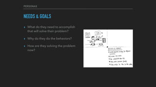 PERSONAS
NEEDS & GOALS
▸ What do they need to accomplish
that will solve their problem?
▸ Why do they do the behaviors?
▸ How are they solving the problem
now?
 