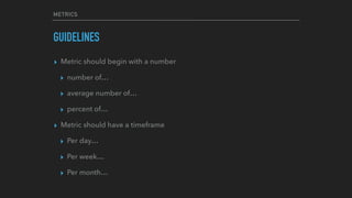 METRICS
GUIDELINES
▸ Metric should begin with a number
▸ number of…
▸ average number of…
▸ percent of…
▸ Metric should have a timeframe
▸ Per day…
▸ Per week…
▸ Per month…
 