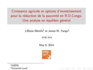 Croissance agricole et options d’investissement
pour la r´eduction de la pauvret´e en R.D.Congo.
Une analyse en ´equilibre g´en´eral
J.Blaise Nlemfu1 et James W. Yango2
SCSE 2014
May 9, 2014
1
UQ`AM
2
Universit´e Laval
 