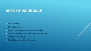 NEED OF INSURANCE
 For security
 Old age pension
 As an investment/or saving mechanism
 For tax benefits + Tax free cash on maturity
 Financial Planning
 Provides prevention of losses
 