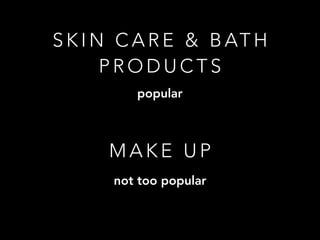 S K I N C A R E & B AT H
P R O D U C T S
popular
M A K E U P
not too popular
 