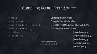 Compiling Kernel From Source
# make
# make modules
# make modules_install
# make install
# reboot
# uname –r
4.3
Compile main Kernel
Compile Kernel Modules
Install Kernel Modules - /lib/modules/4.3/
Install New Kernel - /boot
|->vmlinuz-4.3
|->System.map-4.3
|->vmlinuz-4.3
|->initrd.img-4.3
|->config-4.3
New Grub Entries are
automatically created
 