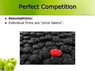 Perfect Competition
Assumptions:
Individual firms are “price takers”.