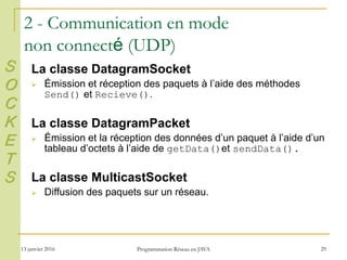 13 janvier 2016 Programmation Réseau en JAVA 29
2 - Communication en mode
non connecté (UDP)
La classe DatagramSocket
 Émission et réception des paquets à l’aide des méthodes
Send() et Recieve().
La classe DatagramPacket
 Émission et la réception des données d’un paquet à l’aide d’un
tableau d’octets à l’aide de getData()et sendData().
La classe MulticastSocket
 Diffusion des paquets sur un réseau.
S
O
C
K
E
T
S
 