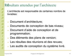 13 janvier 2016 L'équipe de développement 16
Résultats attendus par l’architecte
L’architecte est responsable de certaines nombre de
livrables:
 Document d’architecture;
 Documents de conception de bas niveau;
 Document d’aide de conception et de
programmation;
 Des éléments des plans de version;
 Les résultas des réunions et des revues;
 Les audits de conception du système livré.
R
E
S
P
O
N
S
A
B
I
L
T
E
S
 