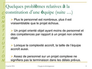 13 janvier 2016 L'équipe de développement 8
Quelques problèmes relatives à la
constitution d’une équipe (suite …)C
O
N
S
T
I
T
U
T
I
O
N
 Plus le personnel est nombreux, plus il est
vraisemblable que le projet échoue.
 Un projet orienté objet ayant moins de personnel et
des compétences par rapport à un projet non orienté
objet.
 Lorsque la complexité accroît, la taille de l’équipe
accroît aussi.
 Assez de personnel sur un projet complexe ne
signifiera pas la terminaison dans les délais prévus.
 