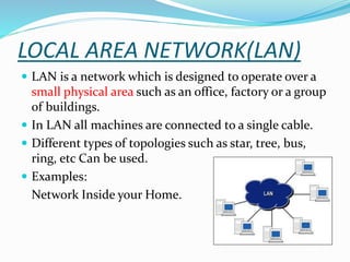 LOCAL AREA NETWORK(LAN)
 LAN is a network which is designed to operate over a
small physical area such as an office, factory or a group
of buildings.
 In LAN all machines are connected to a single cable.
 Different types of topologies such as star, tree, bus,
ring, etc Can be used.
 Examples:
Network Inside your Home.
 