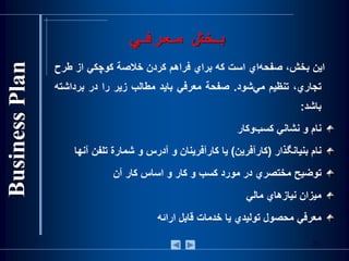 ‫اين‬،‫بخش‬‫‌اي‬‫ه‬‫صفح‬‫است‬‫كه‬‫براي‬‫فراهم‬‫كردن‬‫خالصة‬‫كوچكي‬‫از‬‫طرح‬
،‫تجاري‬‫تنظيم‬‫‌شود‬‫ي‬‫م‬.‫صفحة‬‫معرفي‬‫بايد‬‫مطالب‬‫زير‬‫را‬‫در‬‫برداش‬‫ته‬
‫باشد‬:
‫نام‬‫و‬‫نشاني‬‫‌وكار‬‫ب‬‫كس‬
‫نام‬‫بنيانگذار‬(‫كارآفرين‬)‫يا‬‫كارآفرينان‬‫و‬‫آدرس‬‫و‬‫شمارة‬‫تلفن‬‫آن‬‫ها‬
‫توضيح‬‫مختصري‬‫در‬‫مورد‬‌‫ب‬‫كس‬‫و‬‫كار‬‫و‬‫اساس‬‫كار‬‫آن‬
‫ميزان‬‫نيازهاي‬‫مالي‬
‫معرفي‬‫محصول‬‫توليدي‬‫يا‬‫خدمات‬‫قابل‬‫ارائه‬
‫معرفي‬ ‫بخش‬
23
 