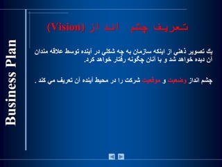 ‫انداز‬ ‫چشم‬ ‫تعریف‬(Vision)
‫يك‌تصو‬‫ي‬‫ر‌ذهني‌از‌اينكه‌سازمان‌به‌چه‌شكلي‌در‌آينده‌توسط‌عالقه‬‫مندان‬
‫آ‬‫ن‌ديده‌خواهد‌شد‌و‌با‌آنان‌چگونه‌رفتار‌خواهد‌كرد‬.
‌‫چشم‌انداز‬‫وضعيت‬‌‫و‬‌‫موقعيت‬‌‫شرکت‬‫را‌در‌محيط‌آينده‌آن‌تعريف‌مي‌ك‬‫ند‬.
 
