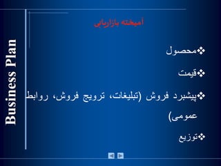 ‫یابی‬‫ر‬‫ا‬‫ز‬‫با‬ ‫آمیخته‬
‫محصول‬
‫قيمت‬
‫پيشبرد‬‫فروش‬(،‫تبليغات‬‫ترويج‬‫فروش‬،‫روابط‬
‫عمومی‬)
‫توزيع‬
 