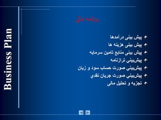 ‫مالي‬ ‫برنامه‬
‫پيش‌بينی‌درآمدها‬
‫پيش‌بينی‌هزينه‌ها‬
‌‫پيش‌بينی‬‌‫منابع‬‫تامين‌سرمايه‬
‫‌بيني‌ترازنامه‬‫ش‬‫پي‬
‫‌بيني‌صورت‌حساب‌سود‌و‌زيان‬‫ش‬‫پي‬
‫‌بيني‌صورت‌جريان‌نقدي‬‫ش‬‫پي‬
‫تجزيه‌و‌تحليل‌مالی‬
 