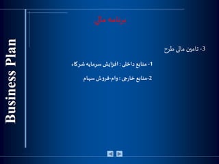 3-‫طرح‬ ‫مالی‬ ‫تامين‬
1-‫داخلی‬ ‫منابع‬:‫شرکاء‬‫سرمایه‬ ‫افزایش‬
2-‫جی‬‫ر‬‫خا‬ ‫منابع‬:‫وام‬-‫سهام‬‫ش‬‫و‬‫فر‬
‫مالي‬ ‫برنامه‬
 