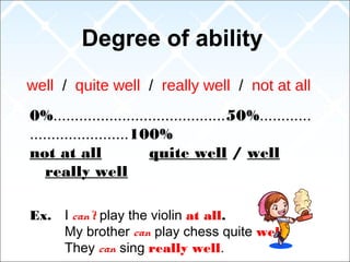 Degree of ability
0%........................................50%............
.......................100%
not at all quite well / well
really well
Ex. I can’t play the violin at all.
My brother can play chess quite well.
They can sing really well.
well / quite well / really well / not at all
 