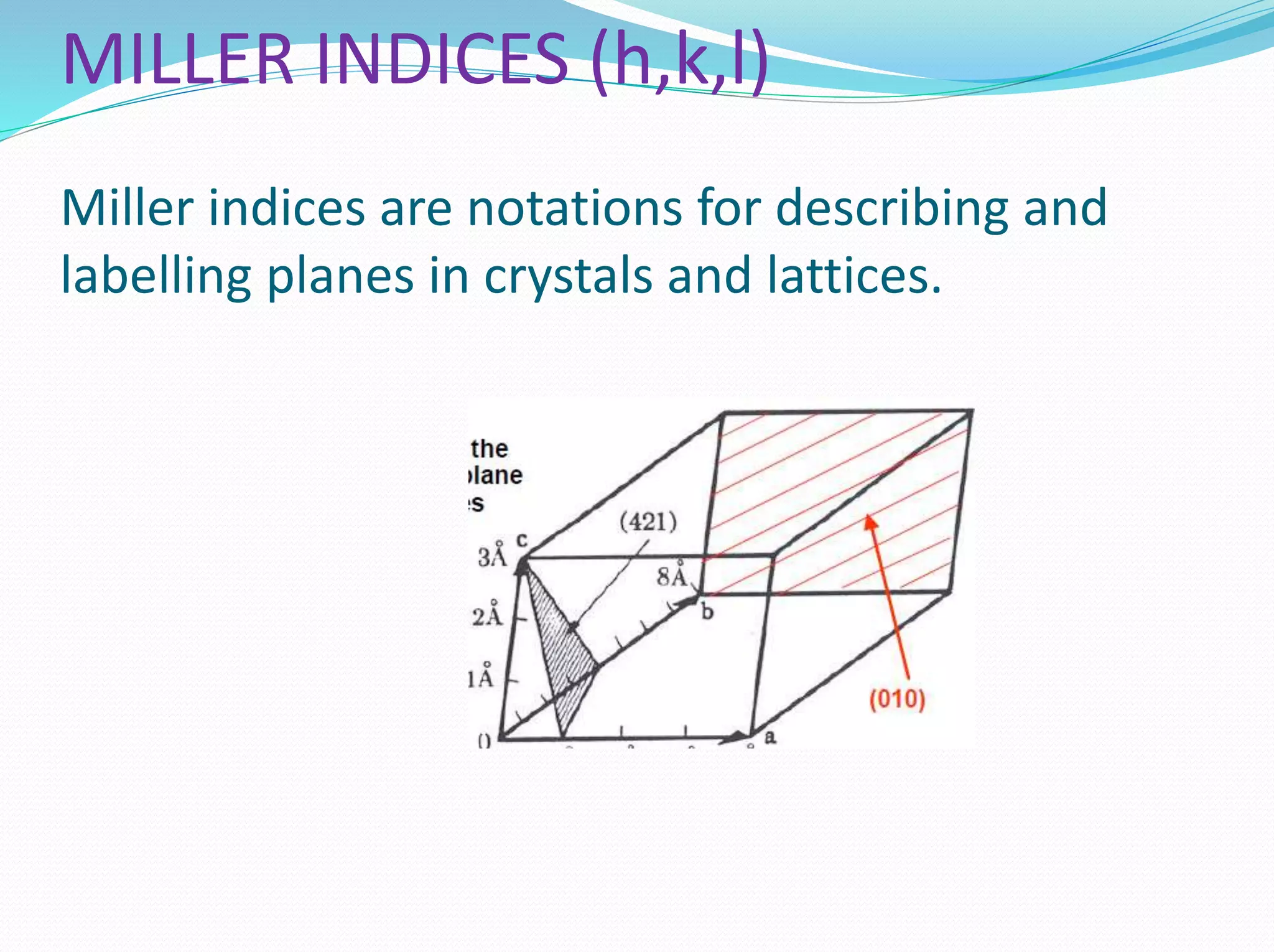 MILLER INDICES (h,k,l)
Miller indices are notations for describing and
labelling planes in crystals and lattices.
 