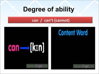Degree of ability
can / can’t (cannot)
 
