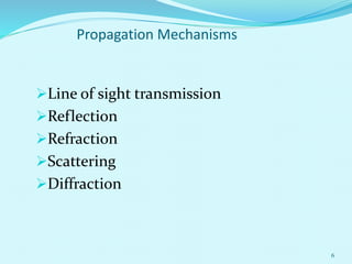 Propagation Mechanisms
Line of sight transmission
Reflection
Refraction
Scattering
Diffraction
6
 