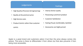 Judgements Feelings
• High Quality (Precision & Engineering)
• Quality at the premium price
• High Service costs
• Product Centric rather than customer
centric
• Intense Active Loyalty
• Possessing a premium product
• Customer Satisfaction
• Feeling Proud, Comfortable, Satisfied
• Accessories are highly priced
Apple is a great brand and customers adore it but then the price always comes into
picture. The price is there to differentiate it from others but that also prevents it from
being more accessible.
 