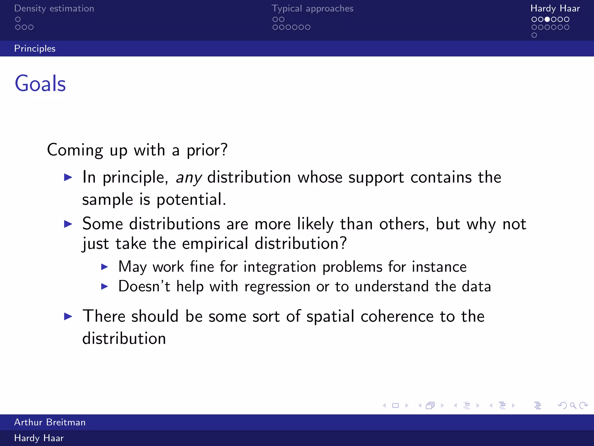 .
.
.
.
.
.
.
.
.
.
.
.
.
.
.
.
.
.
.
.
.
.
.
.
.
.
.
.
.
.
.
.
.
.
.
.
.
.
.
.
Density estimation Typical approaches Hardy Haar
Principles
Goals
Coming up with a prior?
▶ In principle, any distribution whose support contains the
sample is potential.
▶ Some distributions are more likely than others, but why not
just take the empirical distribution?
▶ May work ﬁne for integration problems for instance
▶ Doesn’t help with regression or to understand the data
▶ There should be some sort of spatial coherence to the
distribution
Arthur Breitman
Hardy Haar
 