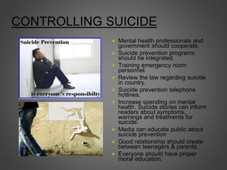 CONTROLLING SUICIDE
 Mental health professionals and
government should cooperate.
 Suicide prevention programs
should be integrated.
 Training emergency room
personnel.
 Review the law regarding suicide
in country.
 Suicide prevention telephone
hotlines.
 Increase spending on mental
health. Suicide stories can inform
readers about symptoms,
warnings and treatments for
suicide.
 Media can educate public about
suicide prevention
 Good relationship should create
between teenagers & parents.
 Everyone should have proper
moral education.
 