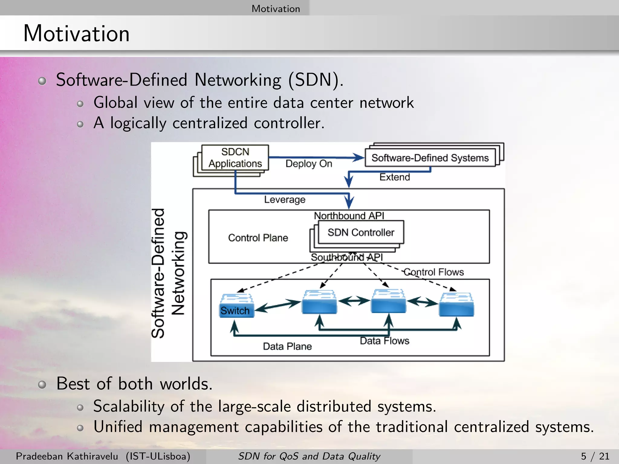 Motivation
Motivation
Software-Deﬁned Networking (SDN).
Global view of the entire data center network
A logically centralized controller.
Best of both worlds.
Scalability of the large-scale distributed systems.
Uniﬁed management capabilities of the traditional centralized systems.
Pradeeban Kathiravelu (IST-ULisboa) SDN for QoS and Data Quality 5 / 21
 