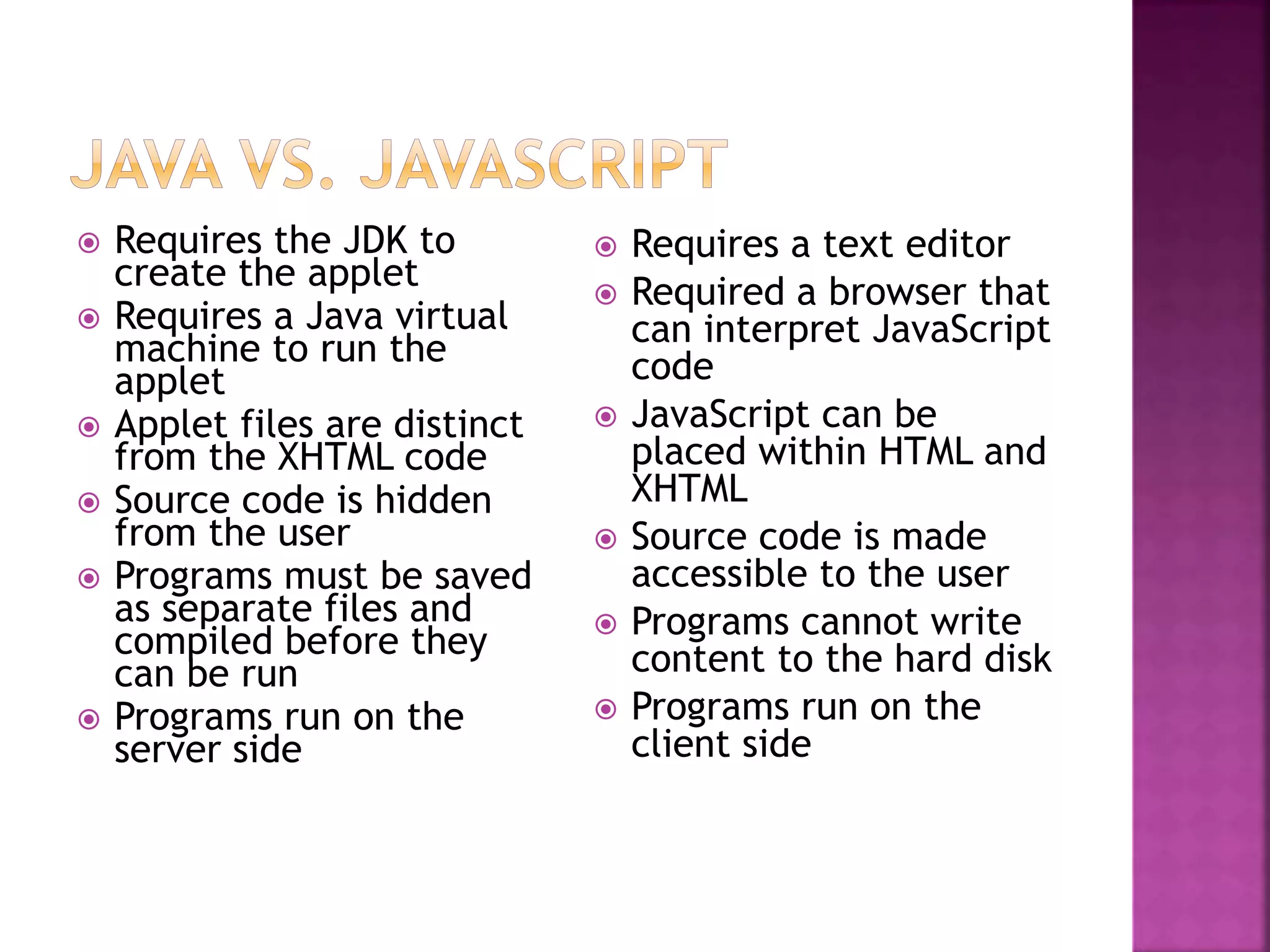  Requires the JDK to
create the applet
 Requires a Java virtual
machine to run the
applet
 Applet files are distinct
from the XHTML code
 Source code is hidden
from the user
 Programs must be saved
as separate files and
compiled before they
can be run
 Programs run on the
server side
 Requires a text editor
 Required a browser that
can interpret JavaScript
code
 JavaScript can be
placed within HTML and
XHTML
 Source code is made
accessible to the user
 Programs cannot write
content to the hard disk
 Programs run on the
client side
 