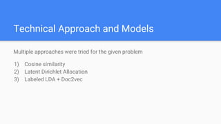 Technical Approach and Models
Multiple approaches were tried for the given problem
1) Cosine similarity
2) Latent Dirichlet Allocation
3) Labeled LDA + Doc2vec
 