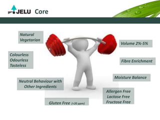 Natural
Vegetarian
Core
Allergen Free
Lactose Free
Fructose Free
Neutral Behaviour with
Other Ingredients
Gluten Free (<20 ppm)
Fibre Enrichment
Moisture Balance
Colourless
Odourless
Tasteless
Volume 2%-5%
 